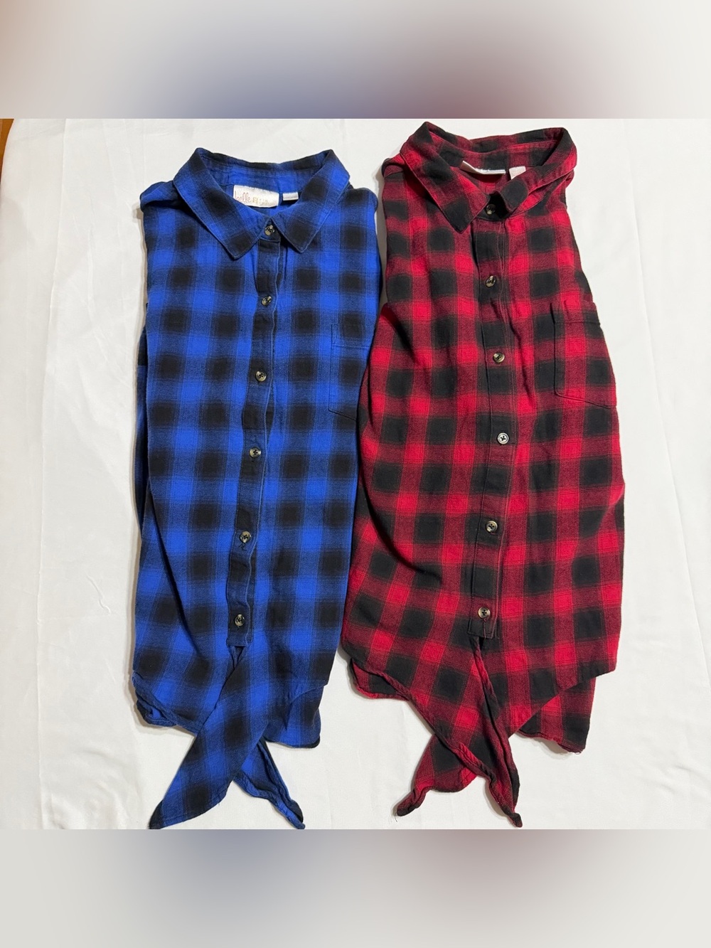 Belle by Kim Gravel Plaid Elbow Sleeve Tie Hem Tops Lot of 2 Red Blue Large